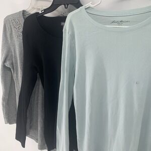 3 Eddie Bauer Long Sleeve Tops Thermal Knit, Ribbed Sweater & New T Shirt Large